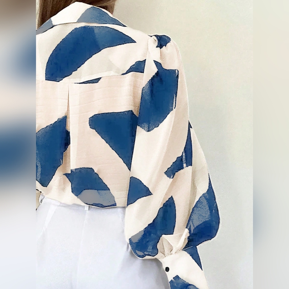 Women's Long Sleeve Allover Print Blouse With Shirt Collar, Casual - Picture 3 of 4